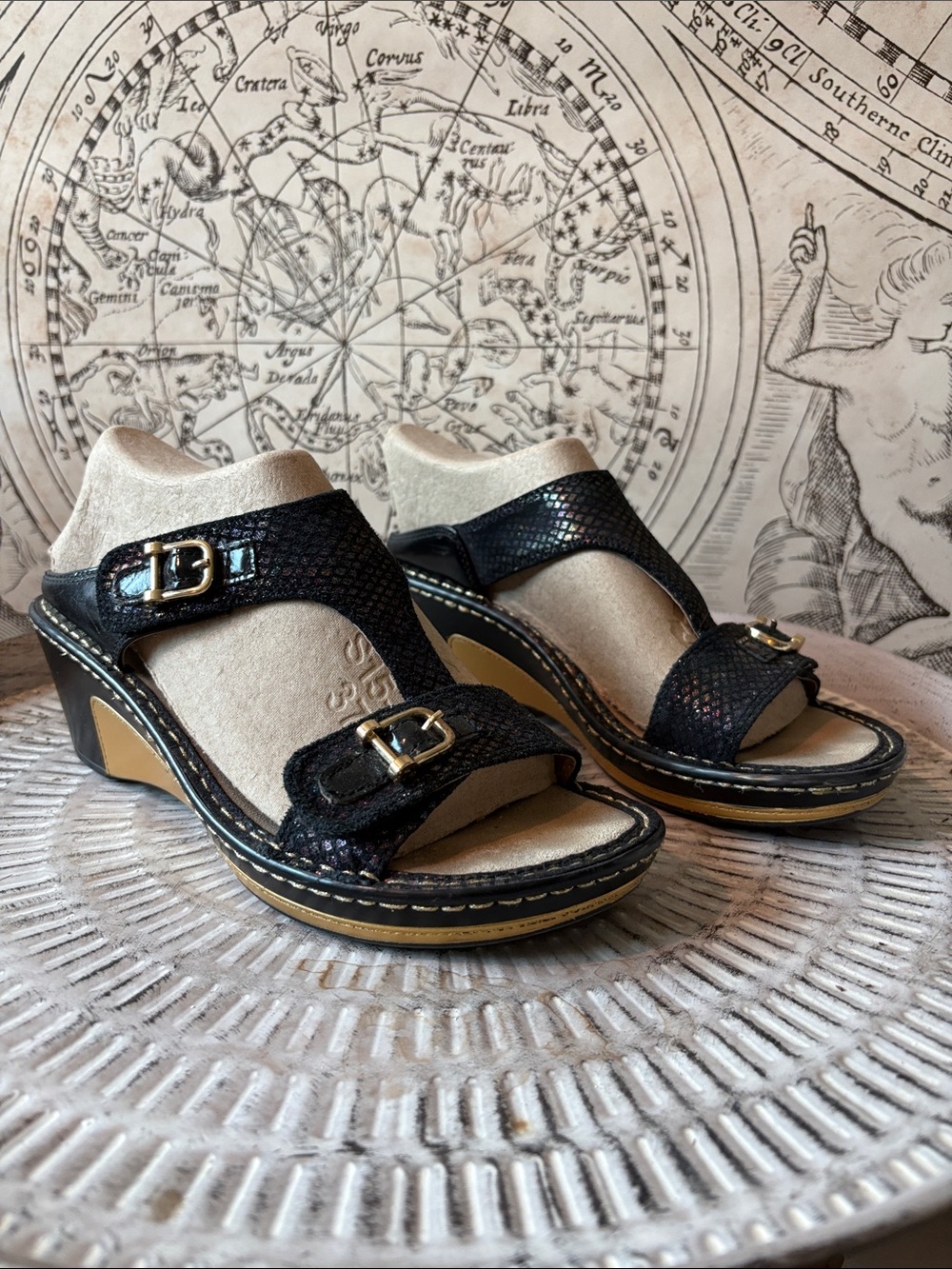Alegria Lara 38 Wedge Sandals Black Snake print